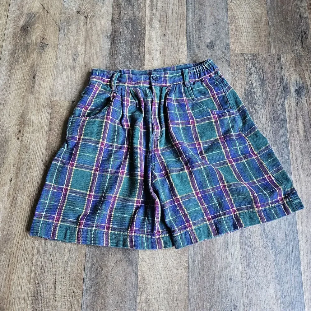 Vintage 90s Plaid High Waisted Bermuda Shorts Green Purple Cotton Kids M 8